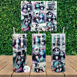 Puede incluir: Tres vasos de acero inoxidable y una impresi&oacute;n decorativa con un dise&ntilde;o de c&oacute;mic con Jack Skellington y Sally de The Nightmare Before Christmas. Los vasos tienen una pajita y un fondo blanco.