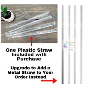 Puede incluir: La imagen muestra pajitas de acero inoxidable y pajitas de pl&aacute;stico. El texto dice: "Una pajita de pl&aacute;stico incluida con la compra. Actualice para agregar una pajita de metal a su pedido."