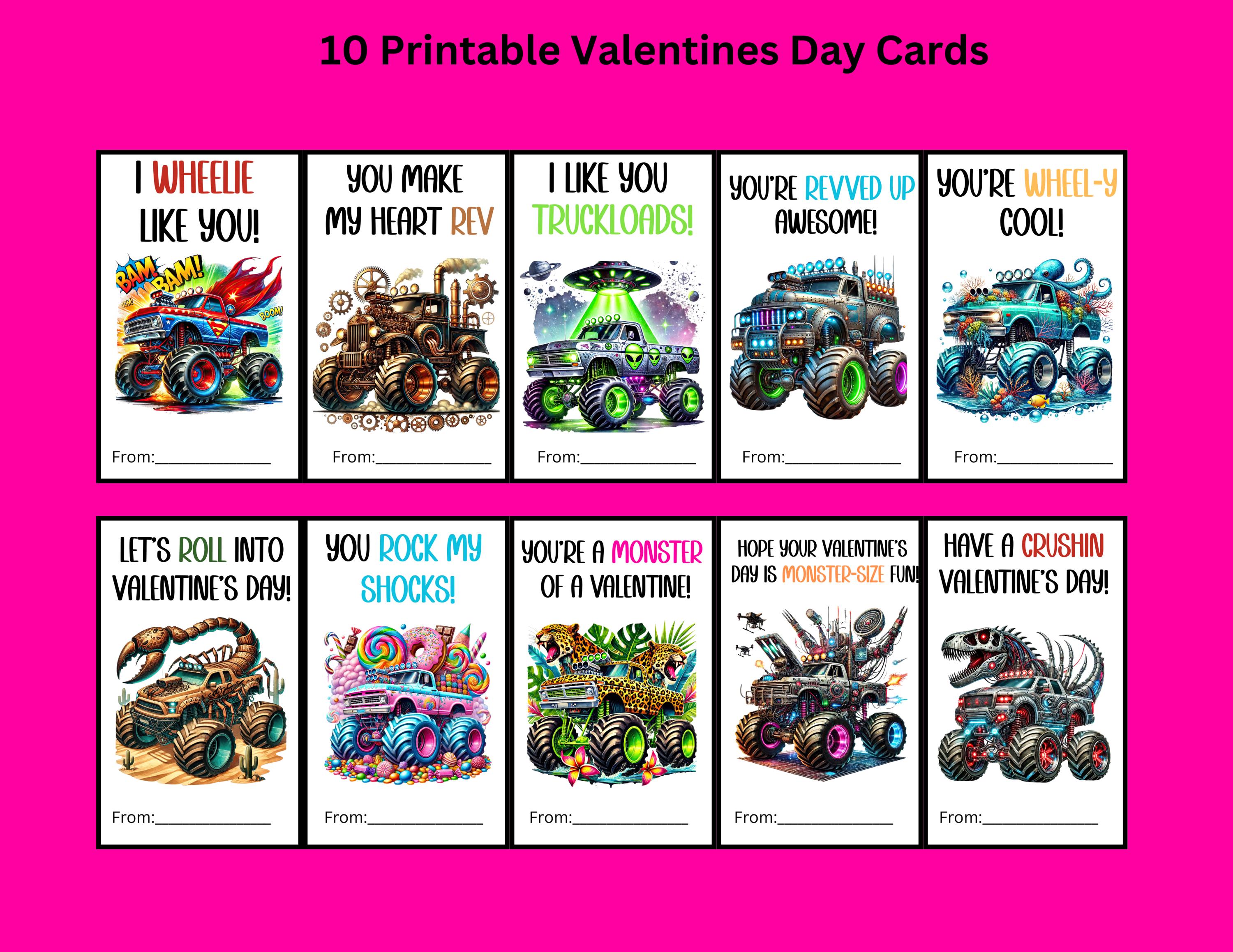 Monster Truck Valentine Cards for Kids, Printable Classroom Valentines ...