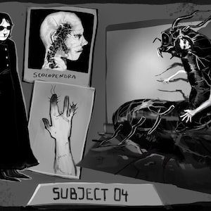 May include: Black and white illustration featuring a figure in a long coat and sunglasses, alongside sketches of a head, a hand, and a centipede-like creature. The text "SCOLOPENDRA" and "SUBJECT 04" are visible.