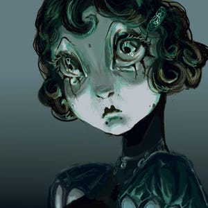 May include: A digital artwork depicting a person with pale skin and large eyes. The person has dark, curly hair and wears a dark outfit. The artwork has a moody, ethereal quality, with a focus on the face and upper body.