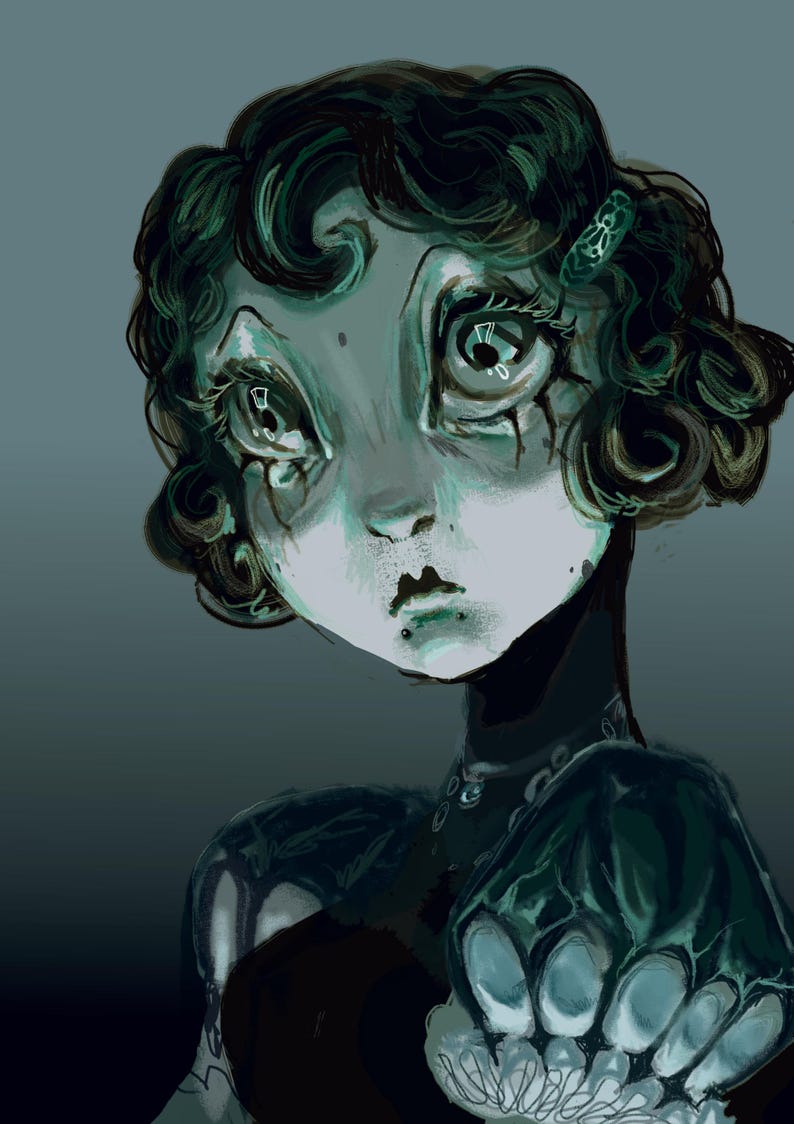 May include: A digital artwork depicting a person with pale skin and large eyes. The person has dark, curly hair and wears a dark outfit. The artwork has a moody, ethereal quality, with a focus on the face and upper body.