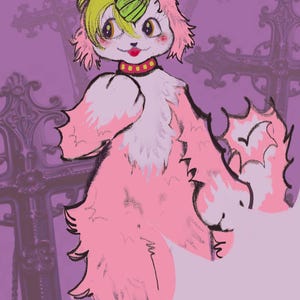 May include: Illustration of a pink and white cartoon creature with a green bow and a red collar. The creature has yellow and green hair and is set against a purple background with cross shapes.