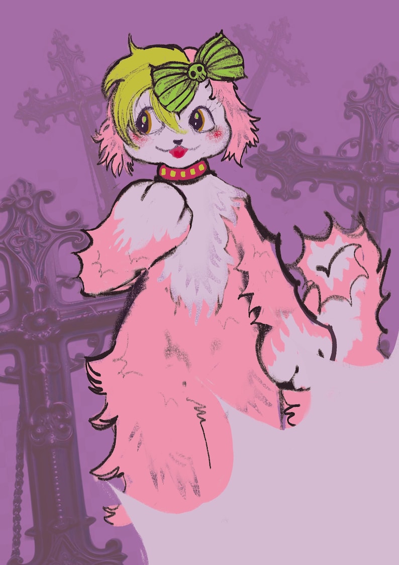 May include: Illustration of a pink and white cartoon creature with a green bow and a red collar. The creature has yellow and green hair and is set against a purple background with cross shapes.
