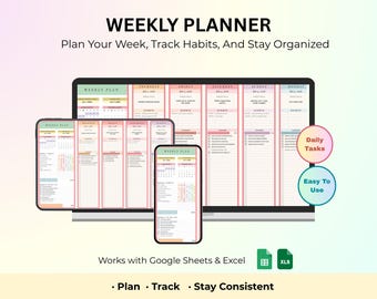 Weekly Planner Template | Excel, Google Sheets | Productivity Dashboard