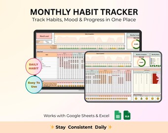 Monthly Habit Tracker | Daily Mood & Streak Progress Dashboard (Google Sheets, Excel)