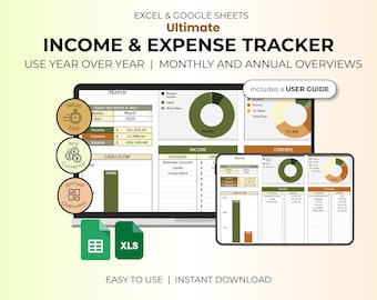 Income Expense Tracker Excel Google Sheets | Monthly Annual Overview (Digital Download)