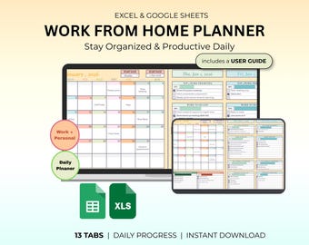 Work From Home Planner | Excel, Google Sheets Daily Productivity (13 Tabs)