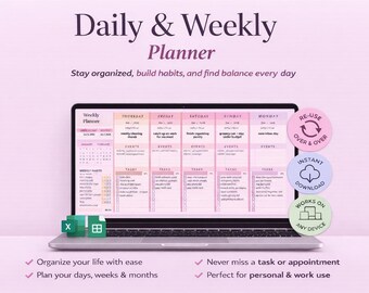 Daily Weekly Planner Spreadsheet, Productivity Tracker (Google Sheets, Excel)