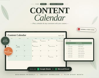 Content Calendar Template | Excel, Google Sheets Social Media Planner