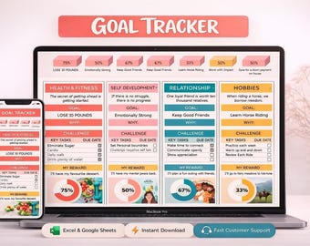 Goal Tracker Spreadsheet, Habit Planner, Weekly Monthly (Google Sheets, Excel)