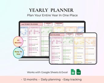 Yearly Planner Template | Auto-Updating Excel Google Sheets (Digital Download)