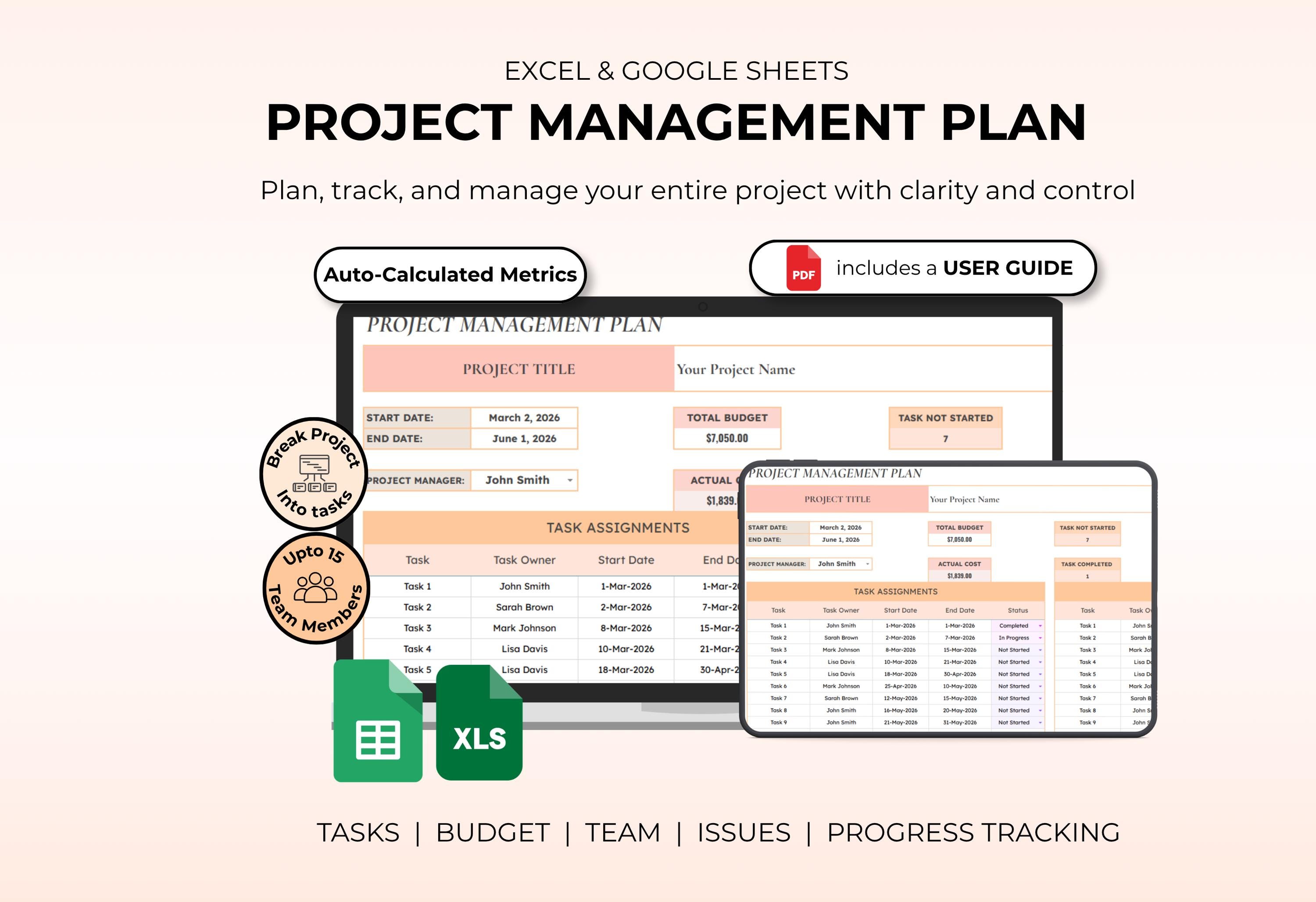 Project Management Plan Excel Google Sheets | Task Budget Team Tracker ...
