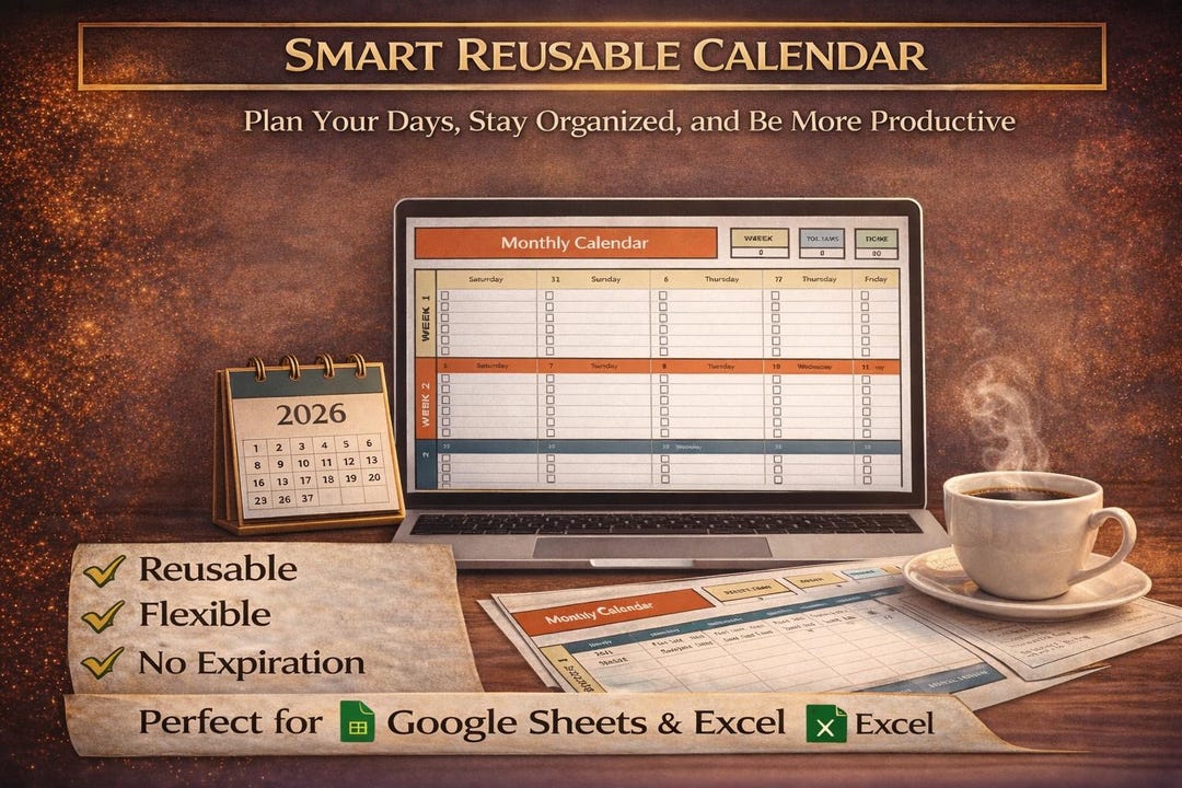 Monthly Calendar Google Sheets Template | Productivity Planner (digital ...