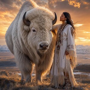 May include: A large white bison with dark curved horns stands beside a person wearing a long cream-colored garment featuring intricate embroidery and fringe detailing, layered with multiple beaded necklaces against a sunset sky.