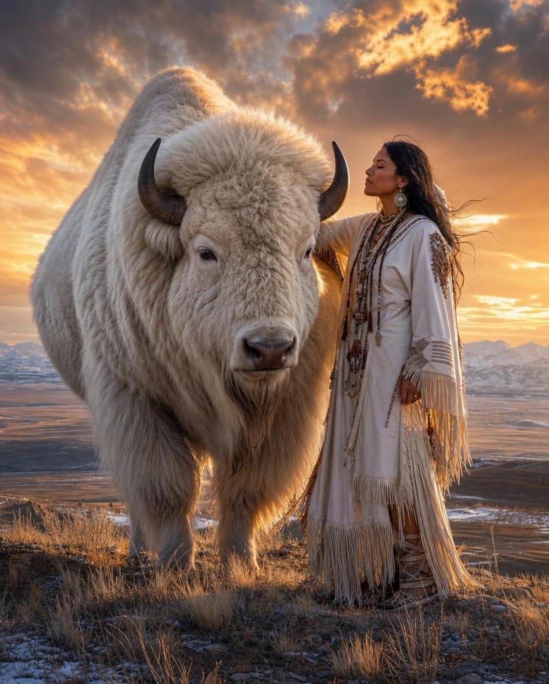 May include: A large white bison with dark curved horns stands beside a person wearing a long cream-colored garment featuring intricate embroidery and fringe detailing, layered with multiple beaded necklaces against a sunset sky.