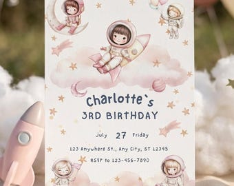 Girl Space 3rd Birthday Invitation, Pink Astronaut Party Invite, Canva Printable Template, Galaxy Theme, Digital Download
