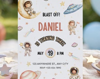 Space 3rd Birthday Boy Invitation Printable, Astronaut Party Invite, Blast Off Galaxy Theme, Canva Template, Digital Download