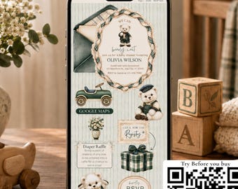 Teddy Bear Baby Shower Website Invitation, Polar Bear Online RSVP, Green Tartan Preppy Boy Theme, We Can Bearly Wait Canva Template