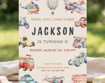 Transportation 3rd Birthday Invitation Honk, Beep, Choo Choo, Truck and Cars Invite, Boy Birthday Invitation, Editable Canva Template