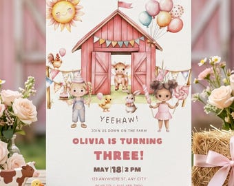 Pink Girl Farm Third Birthday Invitation, Barnyard 3rd Birthday Invite, Barn Animals Birthday Evite, Editable Canva Template