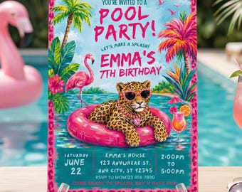 Cheetah Pool Party Invitation, Pink Girls Swim Birthday, Kids Summer Splash (Canva Template)