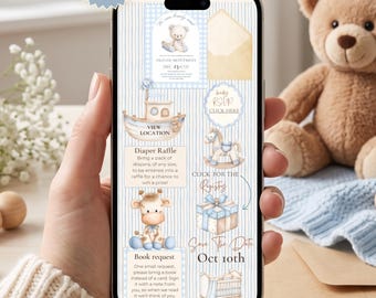 Boy Blue Teddy Bear Baby Shower Editable Website with Clickable RSVP We Can Bearly Wait Invitation Blue Stripes  Invite Canva Template