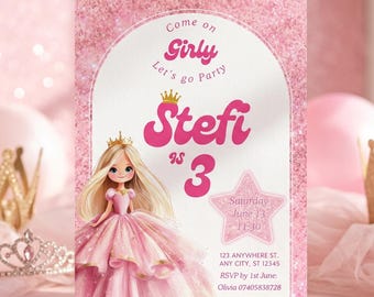 Girly Birthday Invitation, Pink Princess Party Invite, Glam Girl Birthday, Editable Canva Template