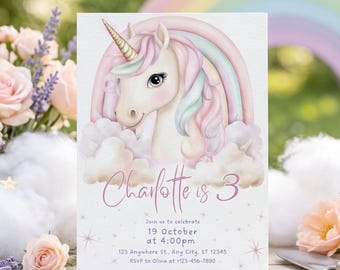 Rainbow Unicorn Third Birthday Invitation, Magical Unicorn Party Invite, Girl Birthday Evite, Editable Canva Template