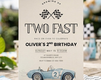 Two Fast Birthday Invitation, Vintage Race Car 2nd Birthday Invite (Canva Template)