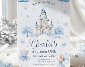 Frozen Birthday Invitation Template, Winter Fairy First Birthday, Snow Princess Castle Party Invite, Editable Canva Template