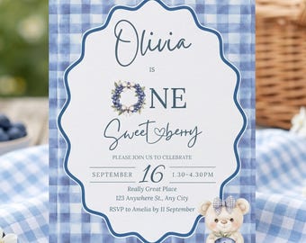 Blueberry Frist Birthday Invitation, Sweet One Berry Party Invite, Blue Gingham Teddy Bear Birthday, 1st Birthday Printable, Canva Template