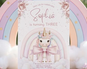 Rainbow Unicorn 3rd Birthday Invitation, Magical Unicorn Party Invite, Girl Birthday Evite, Editable Canva Template