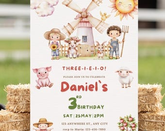 Farm Third Birthday Invitation, Three I E I O Invite, Barn Animals 3rd Birthday, Mobile Invitation, Editable Canva Template