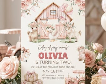 Pink Girl Farm Invitation, Barnyard 2nd Birthday Invite, Barn Animals Birthday Evite, Editable Canva Template