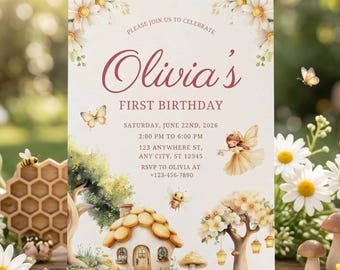 Honey Enchanted Fairy First Birthday Invitation, Boho Garden Party Template, Baby 1st Bday (Editable Canva)