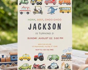 Transportation Birthday Invitation Honk, Beep, Choo Choo, Truck and Cars Birthday Invite, Boy Birthday Invitation, Editable Canva Template