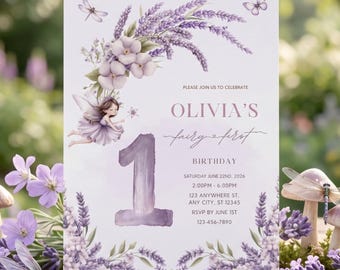 Fairy First Birthday Invitation, Enchanted Garden Party Template, Lavender Floral (Editable Canva)