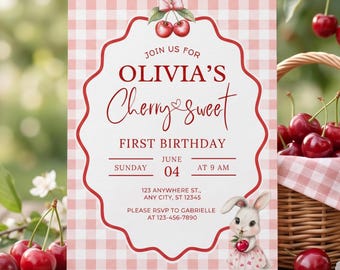 Cherry Sweet First Birthday Invitation, Pink Gingham Girl Invite, Coquette Bow (Editable Canva Template)