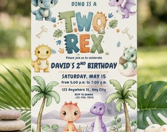 Two Rex Dinosaur 2nd Birthday Invitation, Editable Canva Template (Digital Download)