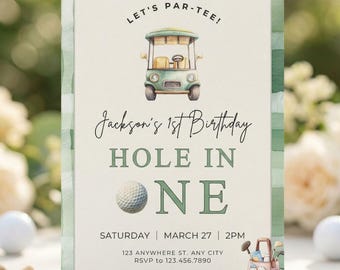 Golf Birthday Invitation, Hole in One First Birthday Party, Boy Par Tee Invite (Canva)