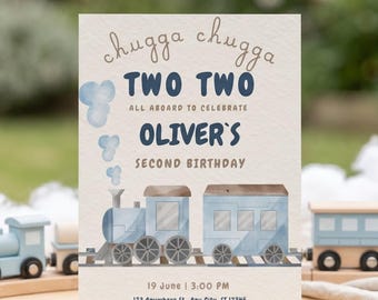 Chugga Chugga Two Two 2nd Birthday Invitation, Boy Train Invite, All Aboard Choo Choo Party, Canva Editable Tamplate