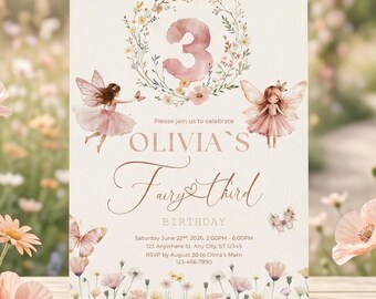 Enchanted Fairy Third Birthday Invitation, Boho Garden Party Template (Editable Canva)