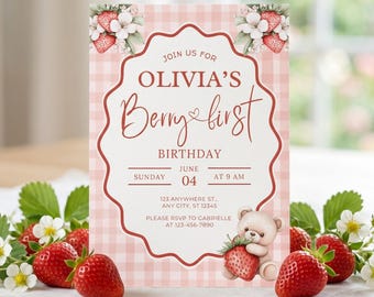 Strawberry First Birthday Invitation, Berry Sweet Party Invite, Teddy Bear 1st Birthday, Editable Canva Template