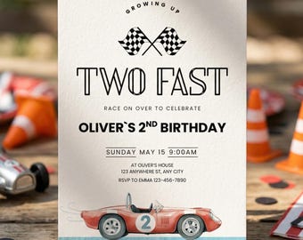 Two Fast Birthday Race Car Invitation Second Invite Racing Party Template Vintage Racer Design Checkered Flag Printable Boy Turning 2nd