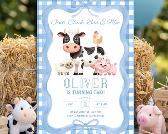 Blue Farm Birthday Invitation, Barnyard Animals, Boy's Second Birthday (Editable Canva Template)