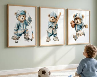 Teddy Bear Wall Art Set, American Sport Hockey Baseball Football, Watercolor Blue Nursery Decor (Digital Download)