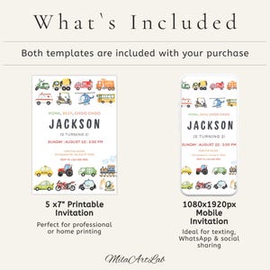 May include: Two invitation templates are shown. One is a 5x7 inch printable invitation with a watercolor illustration of various vehicles. The other is a mobile invitation with the same design. Both templates include the text "JACKSON IS TURNING 2".