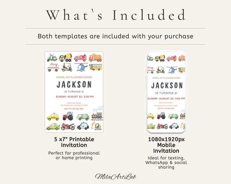 May include: Two invitation templates are shown. One is a 5x7 inch printable invitation with a watercolor illustration of various vehicles. The other is a mobile invitation with the same design. Both templates include the text "JACKSON IS TURNING 2".