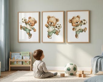 Teddy Bear Football Art Prints, Watercolor Sports Nursery Decor (Digital Download)